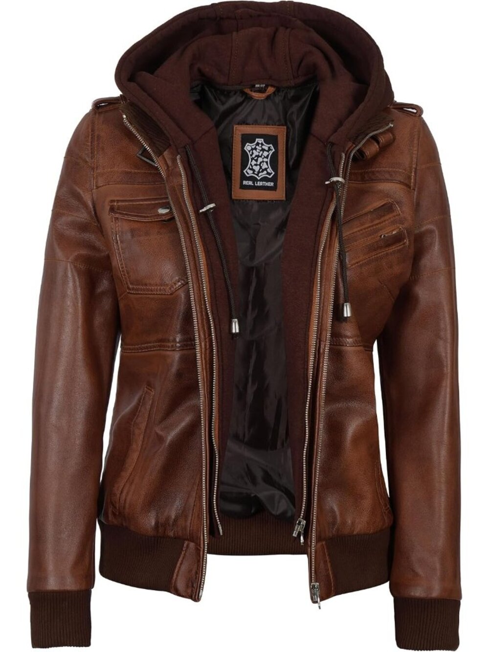 Women’s Cognac Leather Bomber Jacket Detachable Hood Casual Stylish Coat